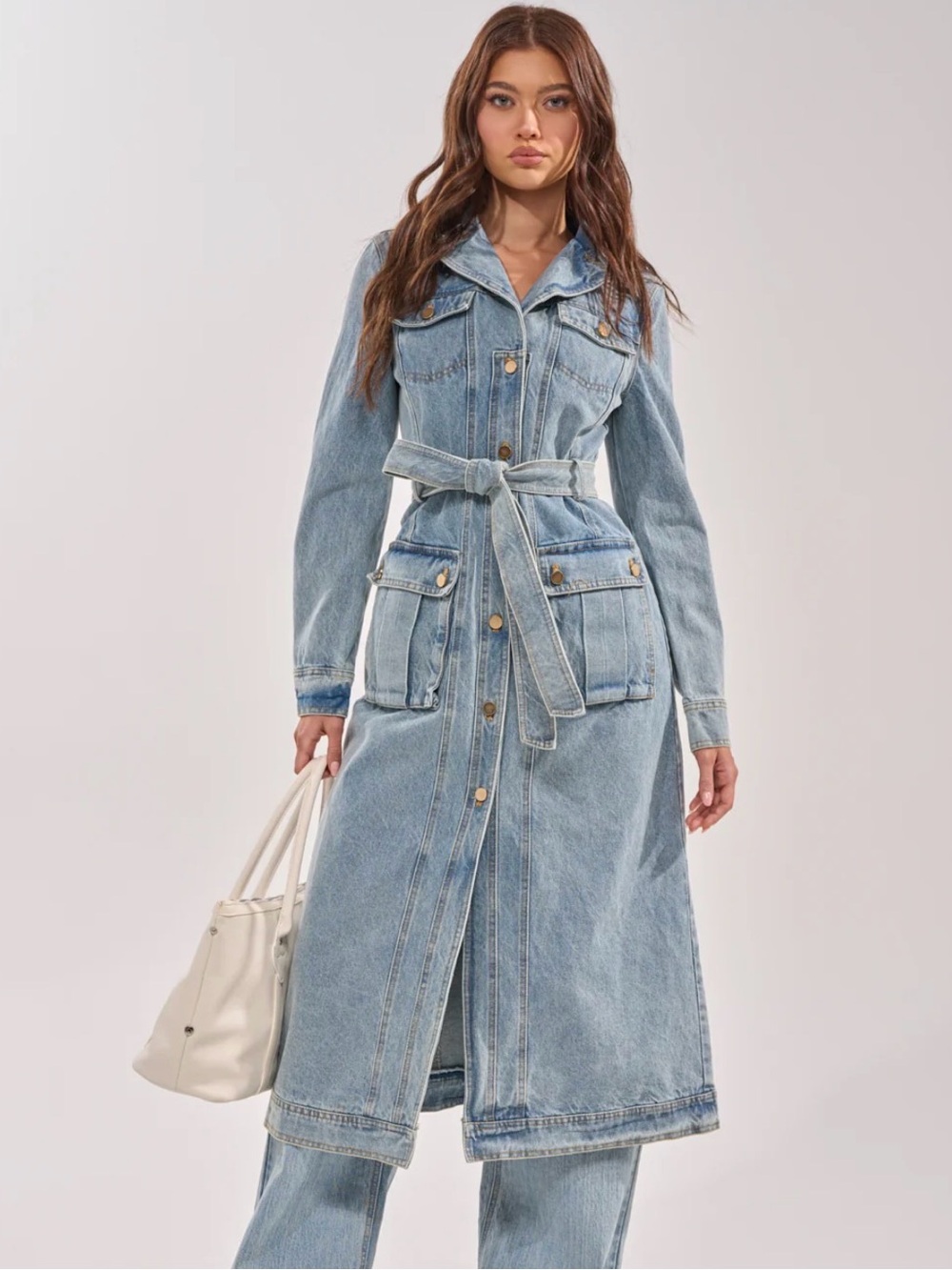 AKIRA Light Blue Denim Tie-Waist Trench Coat